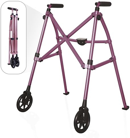 Stander Space Saver Walker, Lightweight Folding Rolling Mobility Aid for Seniors & Adults, Compact 2-Wheel Disability Device with 6-inch Wheels & Ski Glides for Walking Support, Regal Rose