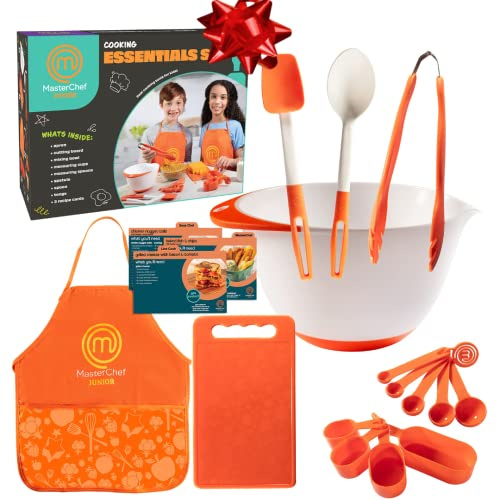 MasterChef Junior Cooking Essentials Set - 9 Pc. Kit Includes Recipes, Apron, Cutting Board, Mixing Bowl, Measure Cups, Spoons, Homemade Holiday Gifts