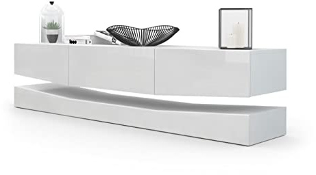 Vladon Lowboard City, Made in Germany, TV-Kommode mit Sockelelement, 1 offenem Fach und 3 Schubkästen, Weiß matt/Weiß Hochglanz (178 x variabel x 39 cm)