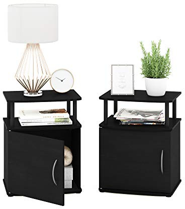 Furinno JAYA Side Table Set of 2, 2-Tier Open Shelf End Table with Door Cabinet, Soft-edges Night Stand, Bedside Table, for Living Room, Bedroom, Black