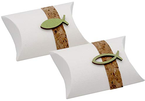 ZauberDeko 2 Gastgeschenke Schachtel Kork Fisch Holz Grün Basteln Kartonage Tischdeko Kommunion Konfirmation
