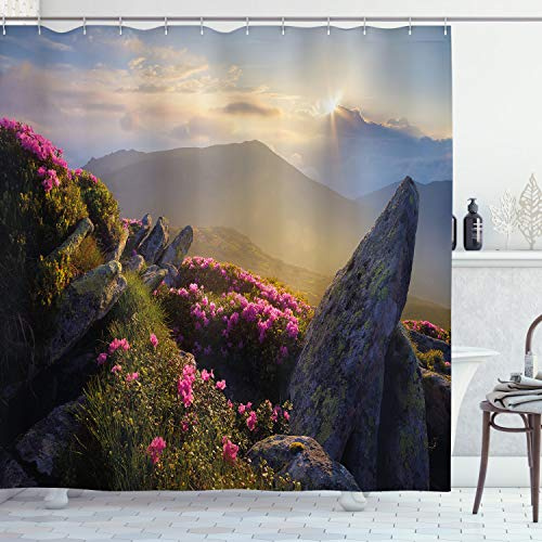 ABAKUHAUS Mountain Shower Curtain, Sunrise in Valley Meadow with Rhododendrons Wildlife Idyllic Rural Scenery, Cloth Fabric Bathroom Decor Set with Hooks, 78 Inches, Yellow Green Pink