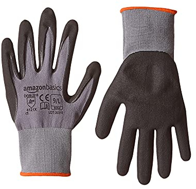 Amazon Basics Micro-Foam Nitrile Coated Safety Work Gloves, Nylon Liner Fiber, Touch Screen Compatible, Grey, Size 9, Large, 6-Pack