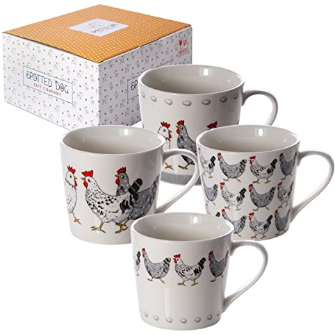 SPOTTED DOG GIFT COMPANY Chicken Mugs Set of 4 – 380ml Large Ceramic China Coffee Mugs & Tea Cups - Animal Themed Mug Set | Chicken Lover Gifts & Presents for Women & Men