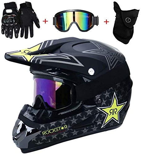 AMITD Rockstar Motocross Helmet Goggles Gloves Mask Adult Motorcycle ATV Off Road Helmet MTB Unisex Full Face Crash Helmets D.O.T Certified, Black, L(56~57)