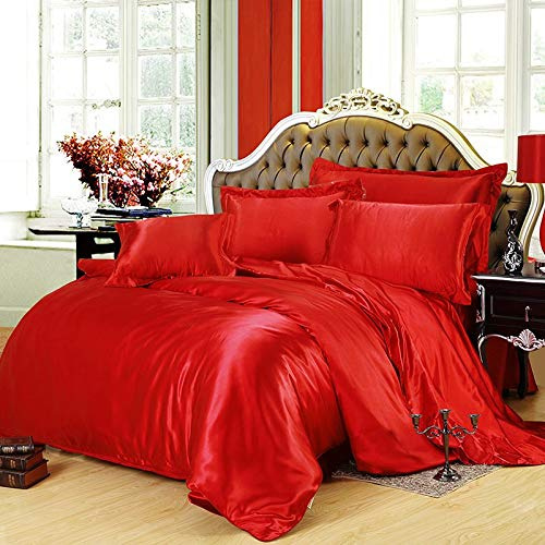 Good Night Bedding Duvet Cover King Size Set Red with Zipper Closure, Ultra Soft Silky Satin 4 Pieces Washed Comforter Cover Sets (1 Duvet Cover + 1 Fitted Sheet 12 Deep + 2 Pillow Shams) Duvet Set