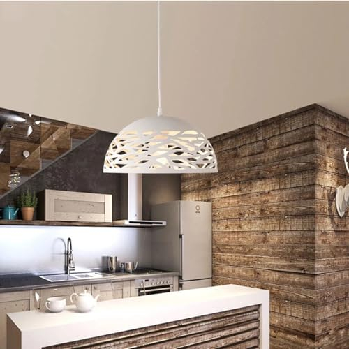 Lampadario a Sospensione da Soffitto E27 in Ferro Verniciato, Paralume Traforato Design Moderno, Ø35xH26 cm, Filo 120 cm, per Cucina, Soggiorno, Locali, Lampadina non Inclusa (Bianco)