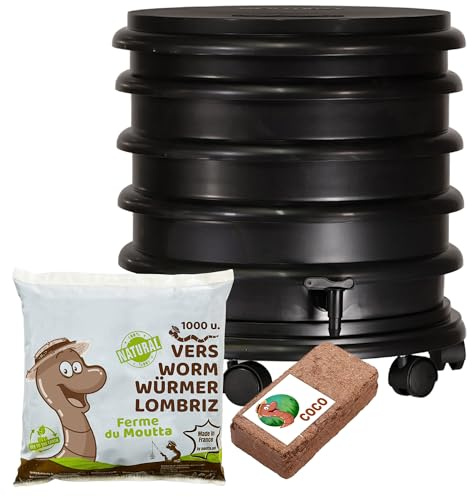 WORMbox | Wurmkomposter Wurmfarm Wurmkiste mit 3 Schalen Schwarz + 500g Kompostwürmer / 1000 STK + 1 Coco | 48 Liter | Regenwurmkomposter, Kompostwürmer produzieren Wurmhumus