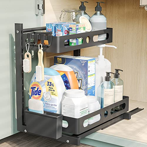 NETEL Organizador Deslizantes para Almacenamiento Bajo Fregadero, Estante de Armario de Cocina o Baño de 2 Niveles, Altura Ajustable, Negro