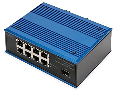 DIGITUS Switch di rete - 9 porte Gigabit Ethernet - 8x RJ45 + 1x porta SFP - Non gestito - 10/100/1000 Mbps - Montaggio su guida DIN e a parete - IP40 - serie industriale - Blu