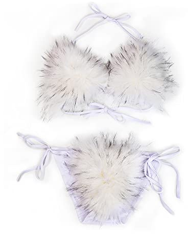ZOSCGJMY Bikini da donna in finta pelliccia Halter String Triangolo Set Due Pezzi Costumi Da Bagno, bianco-2, 56D