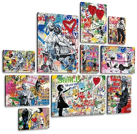 Giallobus - Satz von 10 mehrteiligen Gemälden - Banksy - Street Art 1 - MDF-Holz - - 2 x 42x29,7cm - 4 x 29,7x21cm - 4 x 21x14,85cm - - Fertig zum Aufhängen – Gemälde