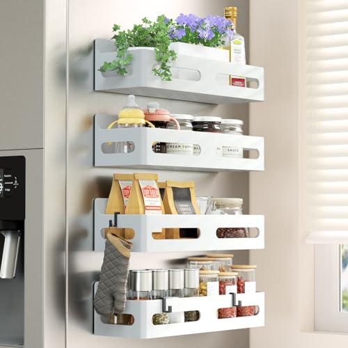 Sevenblue 4-Pack Magnetic Spice Rack for Refrigerator with Hooks, White | Strong multipurpose magnetic shelf for kitchen & bathroom organization. Includes 4 removable hooks for hanging items.