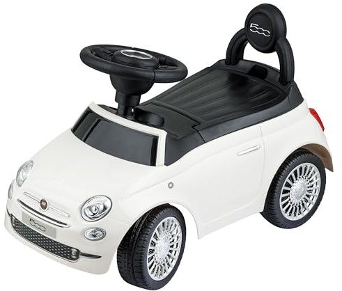 Baroni Toys Fiat 500 Coche de Paseo para Niños de 12 a 36 Meses, Volante con Claxon y Sonidos, Compartimento Portaobjetos y Respaldo, Coche Infantil para Aprender a Andar, Blanco, 28x60x23 cm