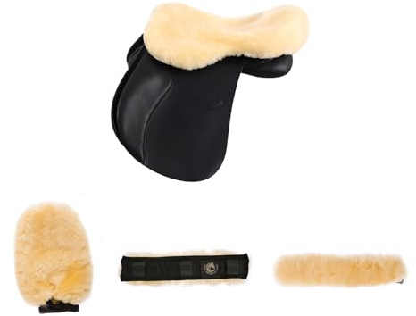 Merauno® Lammwolle Reitgeschenke Set of 4-1x Lammwolle Sattelsitzbezug, 1x Genickschoner aus Lammfell (32×5cm and 28×5cm), 1x Lammwolle Putzhandschuh aus Merino Lammwolle Farbe: Natur (Natur)