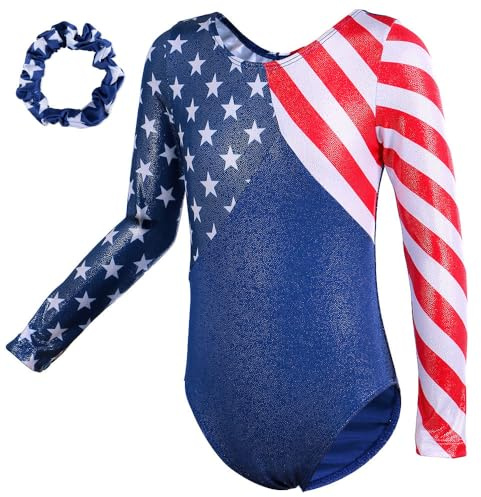 TFJH E Girls Gymnastic Leotards Practice Outfits Ballet Dancewear with Scrunchie American Flag US 6A