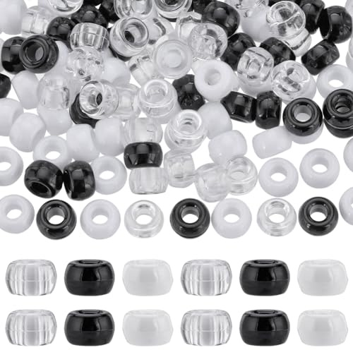 SUNNYCLUE 600 Stück Pony Perlen 6x9 mm Undurchsichtige Pony Perlen Schwarz Weiße Kunststoffperlen Durchsichtige Transparente Pony Perlen Set Runde Bastelperlen Für Die Schmuckherstellung Perlen Sets D
