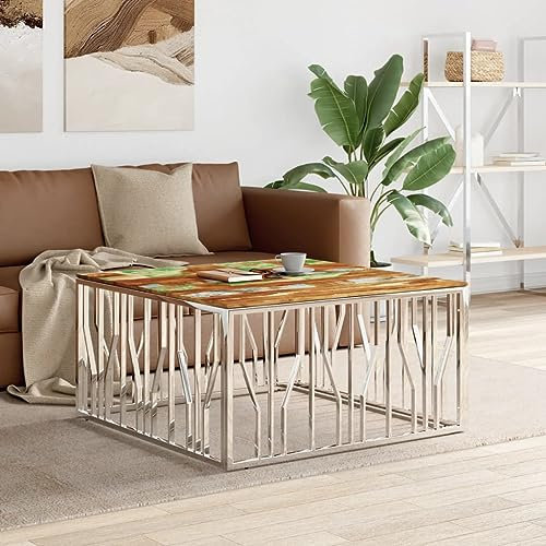 KTHLBRH Beistelltisch Beistelltische fürs Wohnzimmer Funktionaler Tisch Couchtisch Silbern Edelstahl und Massivholz Akazie für Wohnzimmer, Schlafzimmer
