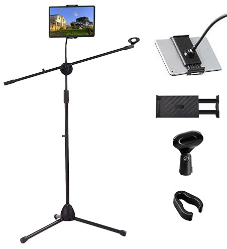Vixzoid Mikrofonständer mit Tablet Halterung 2-in-1 Dual-Use Mikrofonständer Mikrofonhalterung höhenverstellbar von 75 bis 180 cm Dreibeiniger Mikrofonständer für Bühnentreffen Karaoke