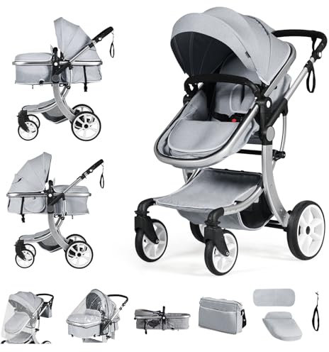 COSTWAY 2 en 1 Poussette Canne Bébé 0-3 Ans avec Auvent & Dossier Réglable, Poussette Haute Paysage Pliable avec Siège Réversible, Roues avec Frein, Sac de Transport, Charge 25kg(Gris)…
