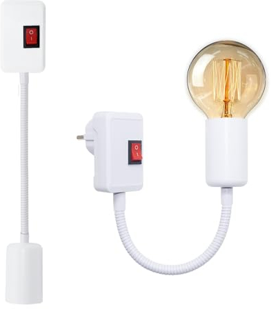 2 Stück E27 Fassung mit Stecker, Lampenfassung mit Steckdose und Schalter, 360°Verstellbar Schwanenhals Lampe, Steckdosenlampe, Steckdosenleuchte, Steckerlampe, Steckerleuchte, Sockeladapter