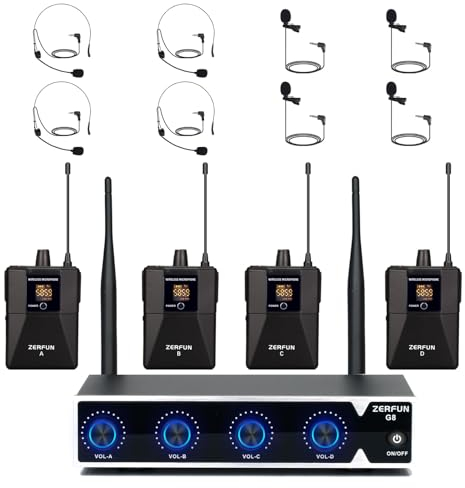 ZERFUN Pro Wireless Microphone System 4 Channel, UHF Cordless Handheld Headset Lavalier Lapel Mics for Church Karaoke Singing, 4x50 Adjustable Frequency(G8 Battery 4 Bodypack)