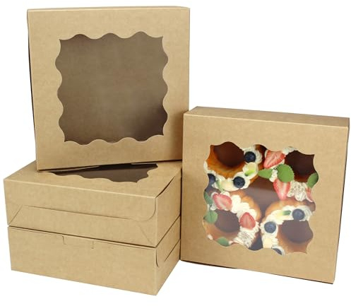 YankMooM 15 Stück Kraft-Kuchenboxen mit Fenster, 20,3 x 20,3 x 6,3 cm, braune Bäckerei-Boxen mit Display-Karton, Keksboxen für Kuchen, Erdbeeren, Donuts, Muffins, Macaron