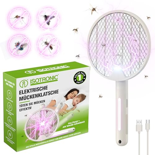 ISOTRONIC Elektrische Fliegenklatsche schützt vor Moskitos & Motten – Mückenklatsche mit UV-Lichtfalle – faltbar für Reisen & Wandmontage – Insektenvernichter für Innen & Außen (2 Stück)