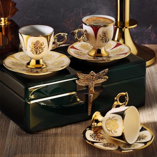 derya home Nigah Porzellan-Espressotassen-Set, türkische Kaffeetassen, 6er-Set, Tassen und Untertassen (85 ml), goldfarbene gemusterte Tassen, gemischte Farben