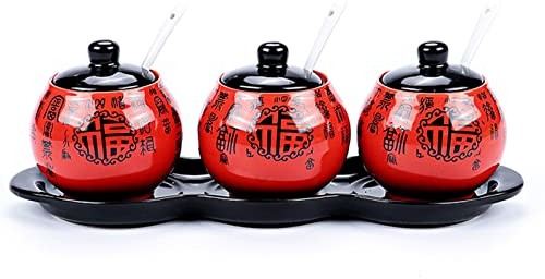 FQCXCKJ Azucarero chino con tapa, tarro de almacenamiento rojo, azucarero de porcelana, salero, para cafetería, restaurante, 3 juegos (rojo 3 juegos)