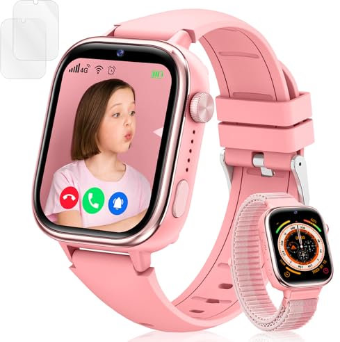 Minilandia 4G Kinder Smartwatch, HD Video und Anruf, Kids Smartwatch mit Familien Chat, SOS, GPS, Spiel, Klassenmodus, Schrittzähler, Wasserdicht Kinder Uhr, Geschenke für Mädchen Jungen (Rosa)