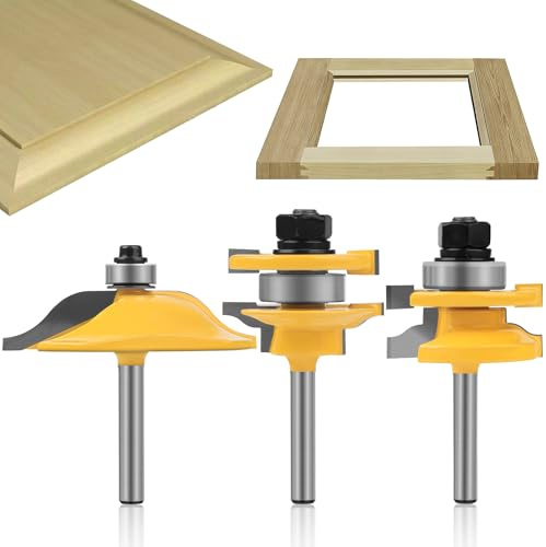 Raised Panel Router Bits，3PCS 1/4 Shank Router Bit Set,Cabinet Door Router Bits，Woodworking Tools，Router Door Window Bits (Tenon Cutter Diameter: 1-5/8) Tongue and Groove Router Bit Set