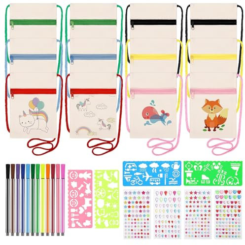 12 Stück Stoffbeutel zum Bemalen für Kinder, 18×13 cm Kinder Umhängegeldbeutel mit 12 Farbe Stiften & 4 Malschablonen & 4 Diamant-Aufkleber DIY Beige Brustbeutel für Geburtstagsfeier Schule Feier