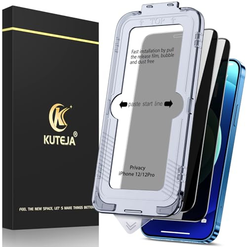 Kuteja 2 Pack Privacy Screen Protector for iPhone 12/12 Pro 6.1 inch, Anti-Spy Tempered Glass Film with Auto Dust-Elimination Installation Tool, Military-Grade Protection/Full Coverage