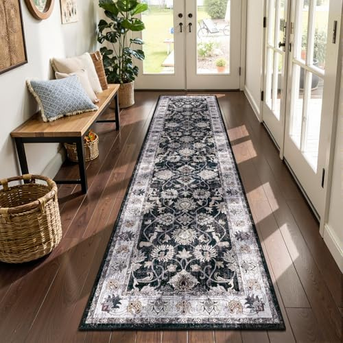 Yamaziot Washable Runner Rug, 2x8 Non-Slip Vintage Floral Hallway Rug with Rubber Backing, Low Pile Non-Shedding Soft Distressed Carpet Runner for Bedroom, Kitchen, Laundry, Entrance