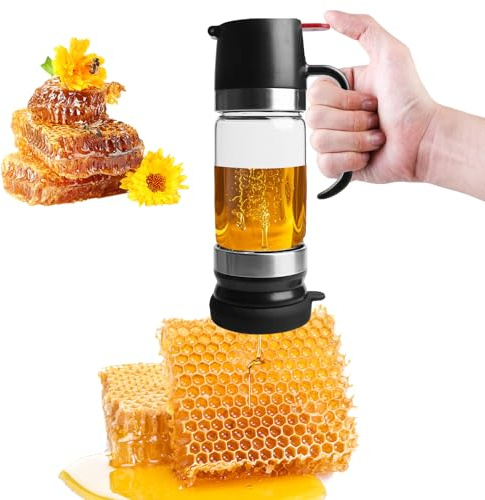 WANDGU, Distributeur de miel anti-goutte en verre de 300 ml avec poignée, distributeur de sirop, pots à miel amovibles, pots à miel avec couvercle supérieur et