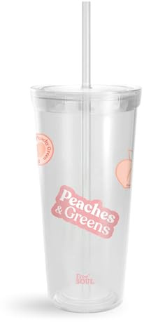 Free Soul Portable Cup with Straw | Screw On Lid | 750ml Travel Cup | BPA Free Spill Resistant Leak-Proof Reusable Cup (Peach Sip Cup) | BPA-Free, Spill-Resistant, Leakproof, Ideal for Smoothies, Shakes & Iced Coffee, Portable, 'Peaches & Greens' Design