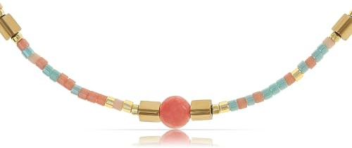 Tillverkad av Nami pärlhalsband, dam, färgglad, 40 + 5 cm, pärlhalsband för kvinnor med ädelsten, boho-smycken, vattentätt och allergivänligt, sommarsmycke, Anpassbar, Rostfritt stål, Amazonit