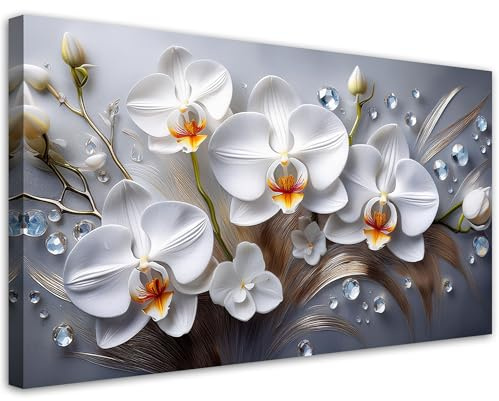 Feeby Bilder - Foto Geschenk - Orchideenblüte Weiß 3D gemalt - 120x60 1tlg - Leinwandbilder Wohnzimmer - Wandbild über dem Bett - Bild Schlafzimmer - Aesthetic Zimmer Deko - Modern Pictures