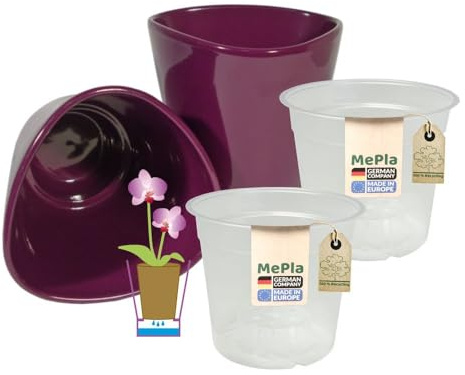 MePla - 2 unidades – Maceta para orquídeas triangular, diámetro 14 ciruela, orquídea ø 12, ambiente de alta calidad