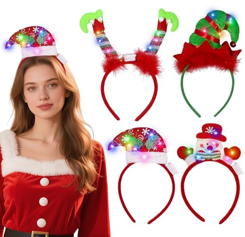 4 Stück LED Haarreifen Weihnachten Haarreif Weihnachten Erwachsene Geweih Haarreif mit Schneemann Elfenhut, Licht Weihnachts Haarschmuck, Damen Weihnachts Stirnbänder für Partys Familienfeiern