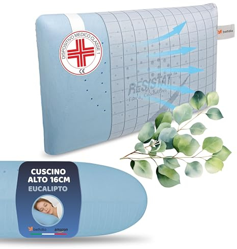 BELTALIA Cuscino Cervicale Alto 16 cm Aromaterapico Antirussamento – Dispositivo Medico Classe 1 Detraibile – Traspirante – Fodera Resistat – Made in Italy - (1, Eucalipto Resistat, 73x43 H16)