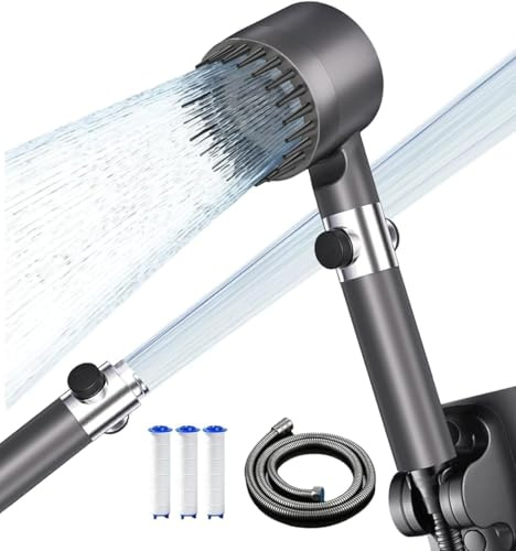 Pommeau Douche Anti Calcaire Haute Pression, Pommeau de douche avec Filtre Economie Deau, 3+1 Types de Jets Douchette Douche Salle de Bain avec Bouton D'arrêt D'eau,avec Tuyau1.5M et Support,Gris