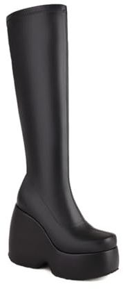 Générique Bottes Hautes Femme Élégantes Bout Rond Talons Compensés À Enfiler Semelle Rembourrée Confortables Antidérapantes Quotidien Streetwear Soirée,Noir,34 EU