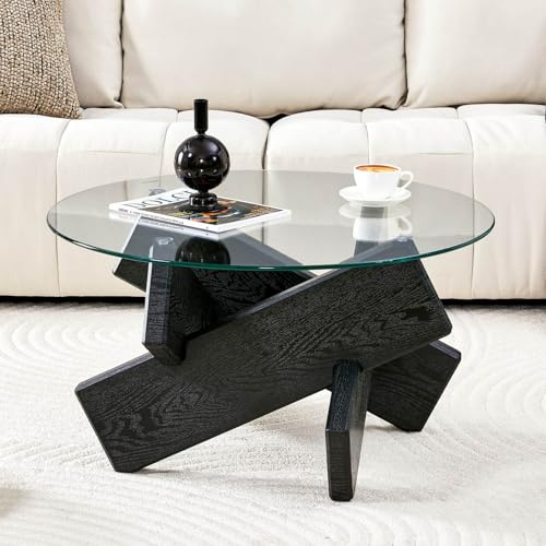 EURHCIO Table Basse Verre Ronde 79X79X45CM,Table Basse Salon,Tables D'appoint avec Verre Trempé de 0,8cm D'épaisseur,Cadre en Bois Créatif en Forme de Croix,pour Salon,Bureau (Noir)