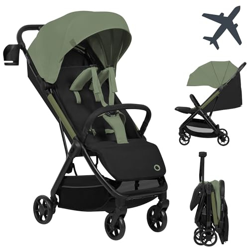 Lionelo Julie Air Buggy, Lätt 7,5 kg, Ultrakompakt Handbagage, Automatisk Hopfällning Auto-Folding, Axelrem, Plant Liggläge 83 cm, Fjädring, UPF 50+ XXL Kapell, (upp till 22 kg, från 6 mån), Grön