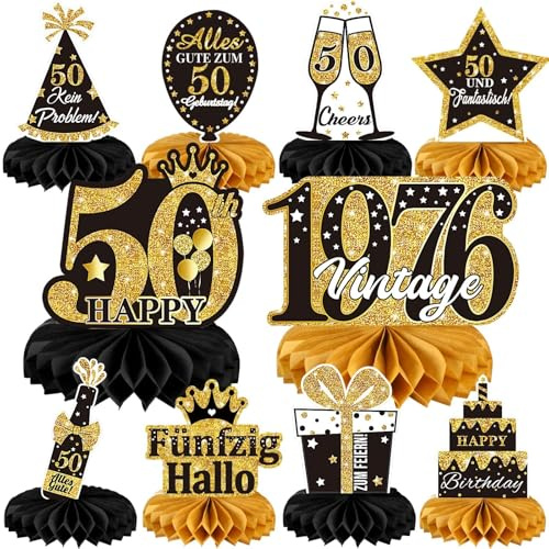 JULMELON 10 Stück 50.Geburtstag Tischdeko Schwarz Gold Papier Bienenwabe | 3D, 1976 Bienenwaben Tischdeko, Alles Gute zum 50 Geburtstags Deko für Männer Frauen Tischdekoration 50. jährige Party