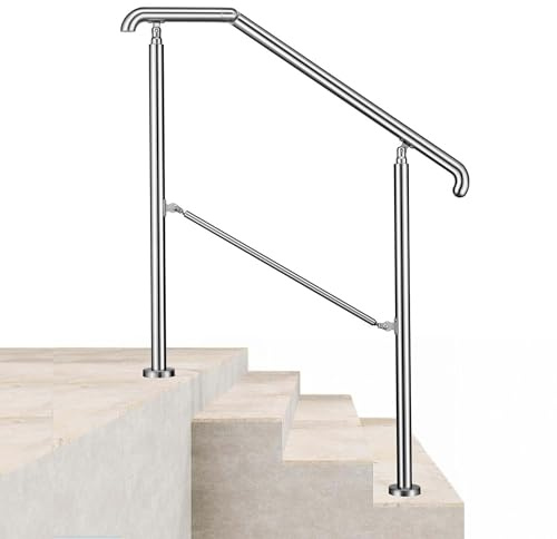 Acezanble 108x102cm Edelstahl Eingangshandlauf Treppengeländer Winkelverstellbares Geländer für 2–3 Stufen Innen Außen Treppens, Silber
