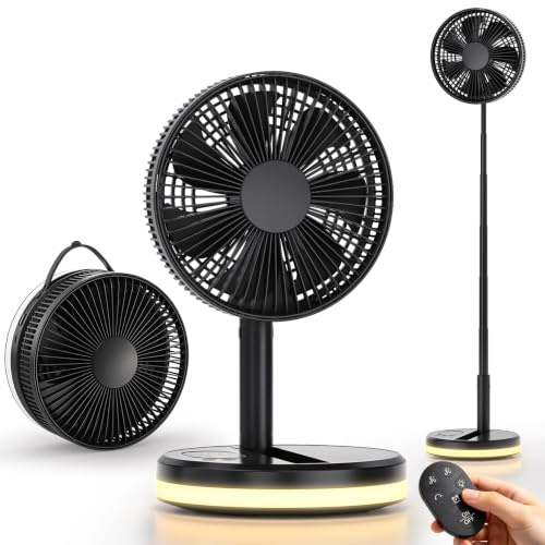 LBSTP Portable Foldable Standing Fan, 16000mAh Rechargeable, 7.87 Inch, with LED Light and Remote, Collapsible, Silent, for Outdoor Camping Travel Office