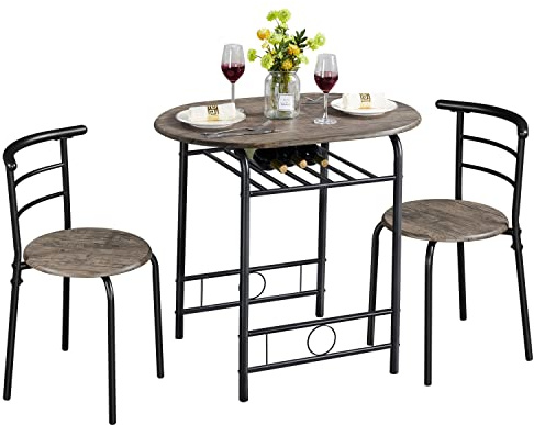 Yaheetech 3 Piece Dining Table Set, Kitchen Table & Chair Sets for 2, Compact Bistro Table Set with Steel Legs, Built-in Wine Rack for Small Space, Apartment, Breakfast Nook, Drift Brown